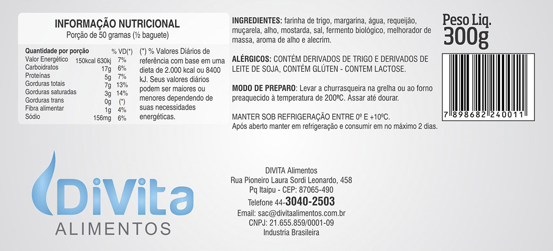 Informações e dimensões da caixa - PÃ£o de Alho Gourmet